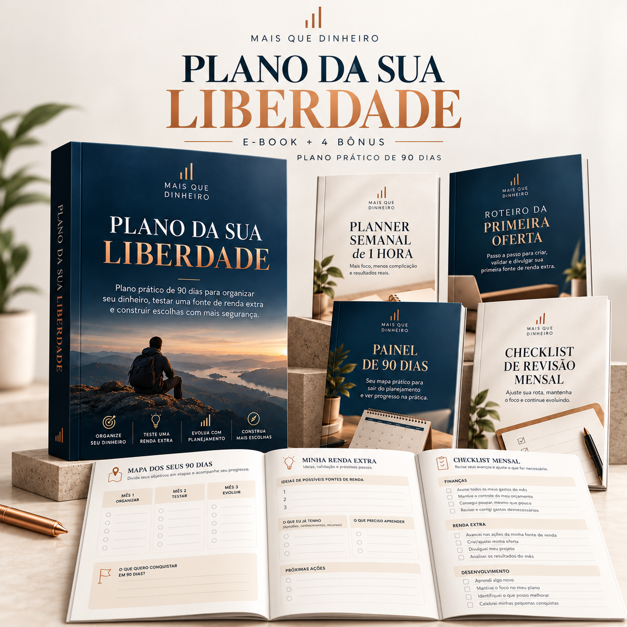 Mockup do e-book Plano da Sua Liberdade com os quatro bônus digitais
